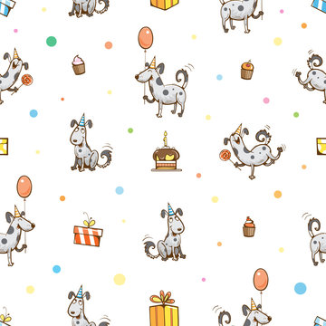 Vector birthday seamless pattern with cute cartoon dogs, presents, cake, balloons and confetti on yellow background.