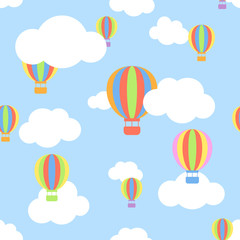 Seamless pattern with clouds and different colors cartoon aerostats flying in the sky. Flat design. Vector illustration. 