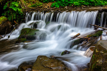 Fototapeta na wymiar forest stream splashes on the rock cascade