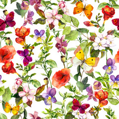 Meadow flowers and butterflies repeating pattern. Watercolor