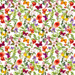 Fototapeta na wymiar Meadow flowers and butterflies repeating pattern. Watercolor