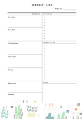 Weekly Planner Template. Organizer and Schedule with place for Notes