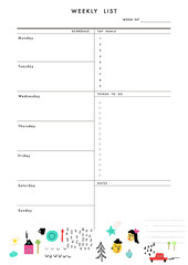 Weekly Planner Template. Organizer and Schedule with place for Notes