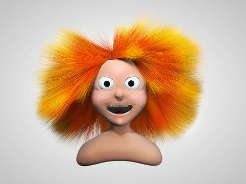 Redhead girl charackter with a surprised expression. 3d Illustration of smiling red-haired cartoon woman with flying hair.