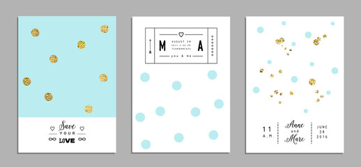 Set of trendy invitations with gold glitter texture.  