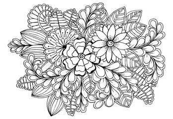 Black and white adult coloring page with flowers and leaves