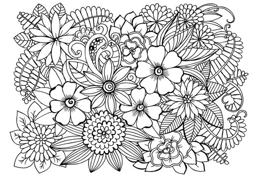 Coloring page with flowers and leaves