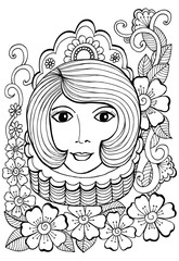 Woman's face and floral doodle pattern