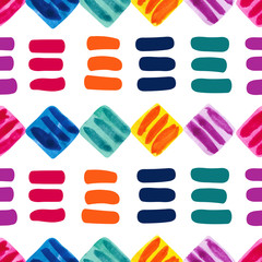 Colorful abstract watercolor background. Tribal seamless pattern with squares and lines. Painted vector texture. 