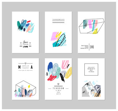 Set of creative cards with geometric outline shapes and crystals