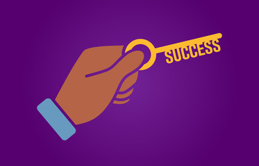 Black / African American hand holding key to unlock success flat illustration