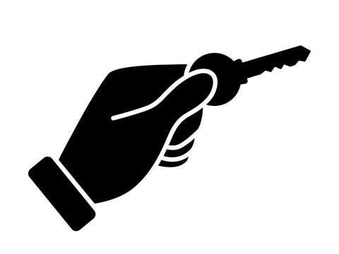 Hand holding modern key to unlock door / success flat icon
