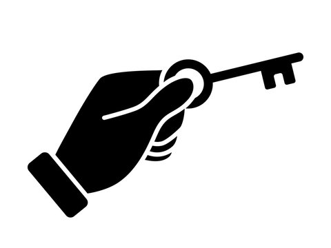 Hand holding vintage key to unlock door / success flat icon