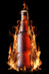 Brown beer bottle in the fire
