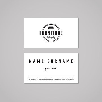 Furniture business card design concept. Furniture logo with couch and circle. Vintage, hipster and retro style. Black and white. 