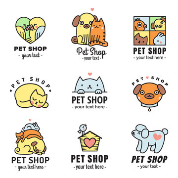 Pet shop cute logos multicolored vector set. Can be used as stickers.