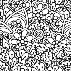 Seamless black and white background. Floral, ethnic, hand drawn elements for design. Good for coloring book for adults or design of wrapping and textile.