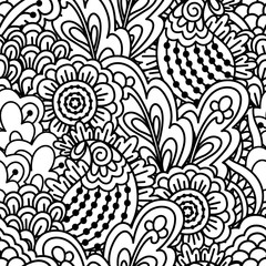 Seamless black and white background. Floral, ethnic, hand drawn elements for design. Good for coloring book for adults or design of wrapping and textile.