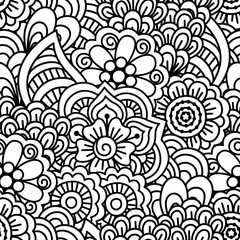 Seamless black and white background. Floral, ethnic, hand drawn elements for design. Good for coloring book for adults or design of wrapping and textile.