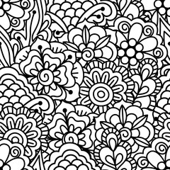 Seamless black and white background. Floral, ethnic, hand drawn elements for design. Good for coloring book for adults or design of wrapping and textile.
