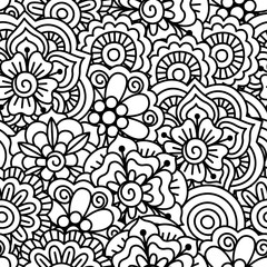 Seamless black and white background. Floral, ethnic, hand drawn elements for design. Good for coloring book for adults or design of wrapping and textile.