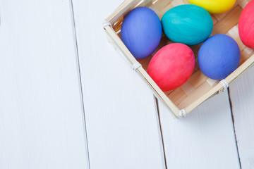 Pastel and colorful easter eggs in basket. happy easter