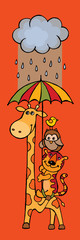 Giraffe and friends with umbrella and cloud. Vector illustration.