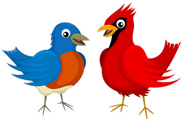 Vector illustration of a cartoon bluebird and cardinal.