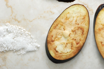 marinated eggplant cut into wedges