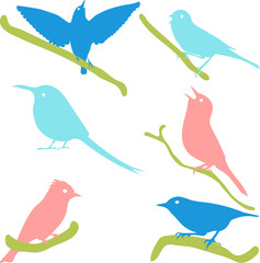 Vector Collection of Bird Silhouettes, colored silhouettes. 