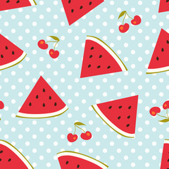 Watermelon and cherries seamless pattern with polka dots  