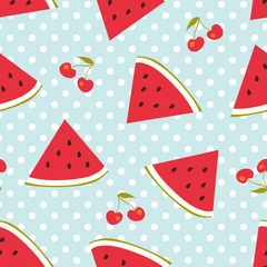 Wall murals Watermelon Watermelon and cherries seamless pattern with polka dots  