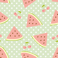 Watermelon and cherries seamless pattern with polka dots
