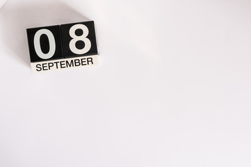 September 8th. Image of september 8 wooden table calendar on white background. Autumn day. Empty space for text. International Day Of Journalists' Solidarity