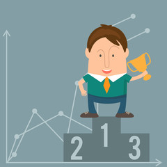 Funny man businessman in cartoon style win with a cup victory. V