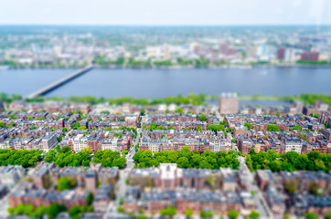 Aerial View of the Back Bay district, Boston, USA. Tilt-shift effect applied