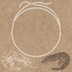 Nautical card with frame, marine knots, ropes  and shrimps on kraft background