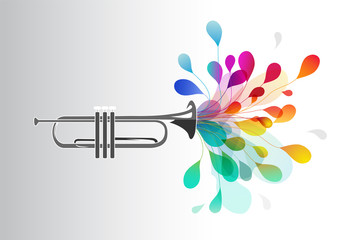 Gold trumpet with abstract colorful flowers on light background. - obrazy, fototapety, plakaty