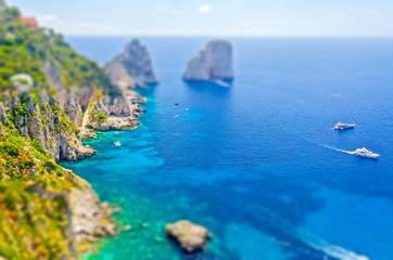 Faraglioni Rocks, Island of Capri, Italy. Tilt-shift effect applied