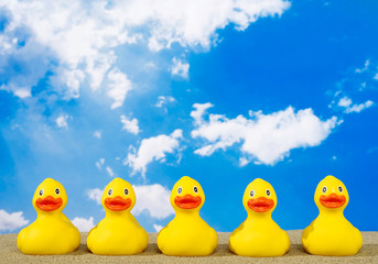 Rubber ducks on beach