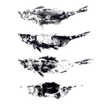 outline ink print on white ground, black fish stamp.