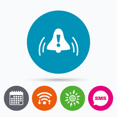 Alarm bell with exclamation mark icon. Wake up.