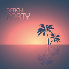 Obraz premium Beach party poster template with palm trees on the horizon vector background. Summer illustration concept for travel and fun.