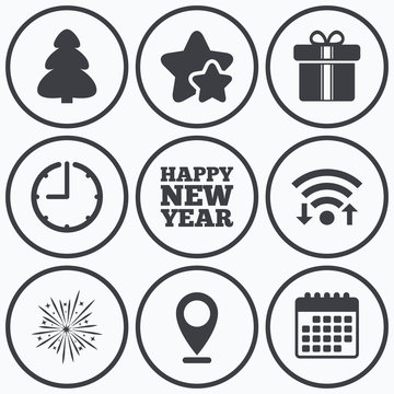 Happy new year sign. Christmas tree and gift box