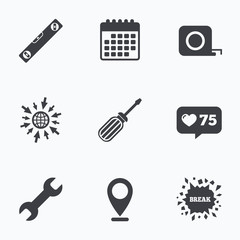 Fototapeta premium Screwdriver and bubble level, roulette.