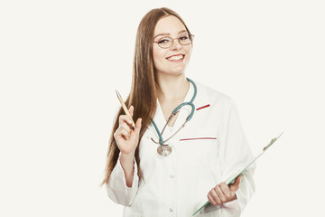 Woman doctor with stethoscope, clipboard and pen.
