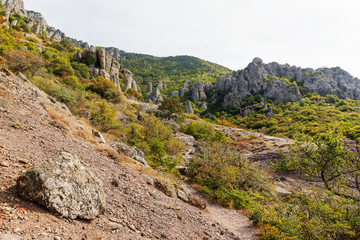 Famous "Ghost Valley" with strangly shaped rocks. Demerdji mountains. Crimea, Russia.