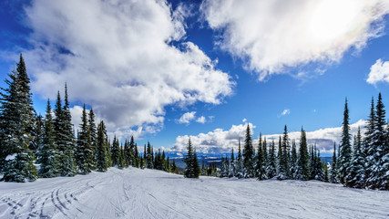 Ski slopes and blue skies at Sun Peaks in the Shuswap Highlands in central British Columbia