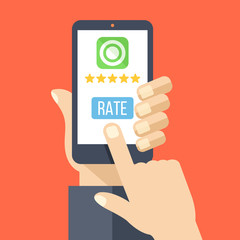 Rate our app flat concept. Hand holds smartphone with 5 stars and rate button on phone screen. Vector illustration