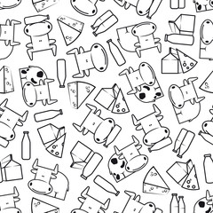 Cute cows with milk and cheese seamless pattern